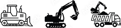 Construction machinery vehicles set bulldozer excavator and dump truck vector icon illustration collection