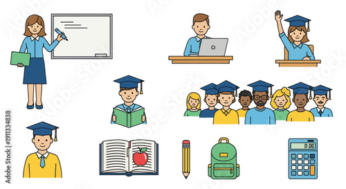 Diverse group of students and educators in academic settings with learning materials.