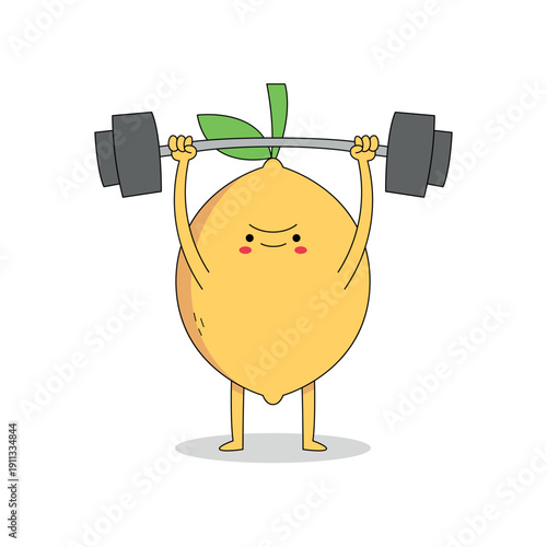 Cute lemon fruit cartoon character lifting weight barbell doodle