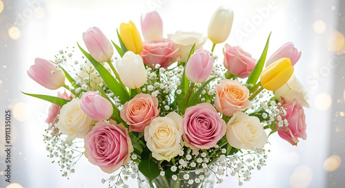 Elegant Heart Shaped Wreath of Vibrant Red Roses and White Gypsophila Baby's Breath Isolated on White Background for Valentine's Day Wedding and Anniversary Floral Design