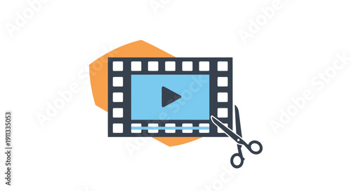 Video editing concept with film strip play button and scissors illustration.