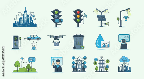 Collection of Smart City Technology and Infrastructure Icons.