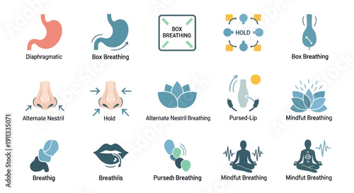 Collection of Breathing Exercise Icons for Health and Wellness.
