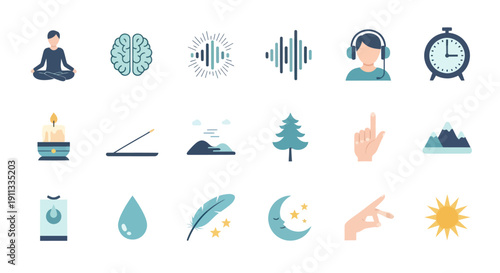 Collection of Icons Representing Meditation Mindfulness and Relaxation.