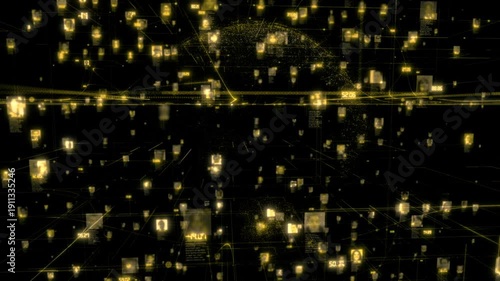 A lot of portraits in cyberspace in social networking concept as database with a stream of faces connected by dark yellow on the background of the planet model, 3d rendering 4K video.