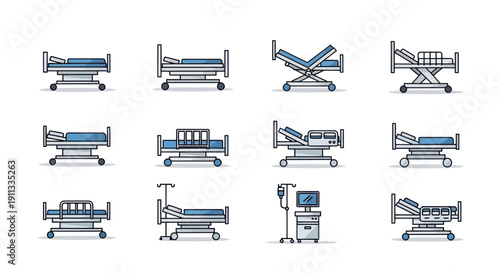 Collection of Medical Hospital Beds with Adjustable Features and Wheels.