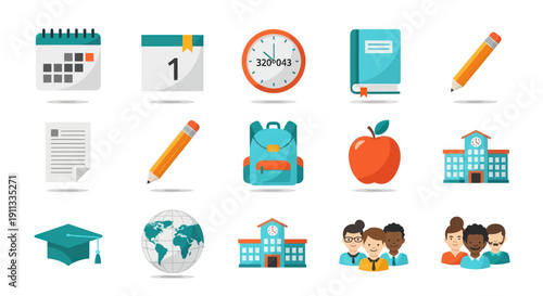 Diverse School and Education Flat Design Icons Collection.