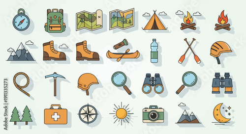 Camping and Hiking Icons: Outdoor Adventure Equipment and Nature Elements.