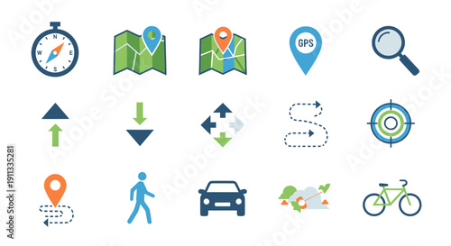 Navigation and Location Icons: Compass Maps GPS Magnifying Glass Arrows Target and Transportation.