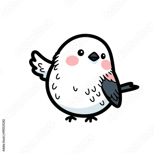 A cute, round, fluffy white bird with pink cheeks and dark eyes, depicted in a simple cartoon style.