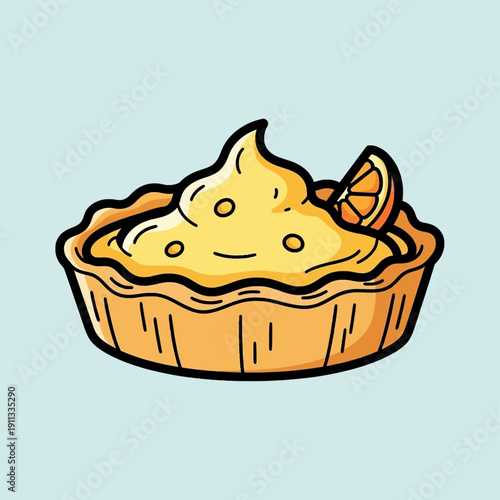 A delicious-looking cartoon illustration of a lemon tart with whipped cream and a citrus slice.