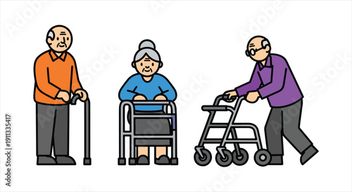 Senior with Walking Aid – Elderly Care, Rehabilitation and Healthcare Support Illustration