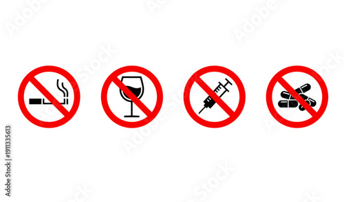 Addiction Forbidden Warning Icons – No Smoking, No Alcohol, No Drugs Silhouette Set