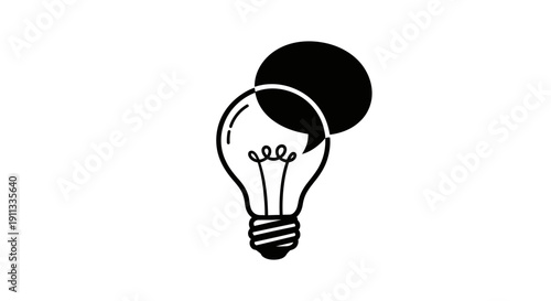 Outline Light Bulb with Overlapping Black Circle, Creative Idea Generation Concept on Isolated White Background