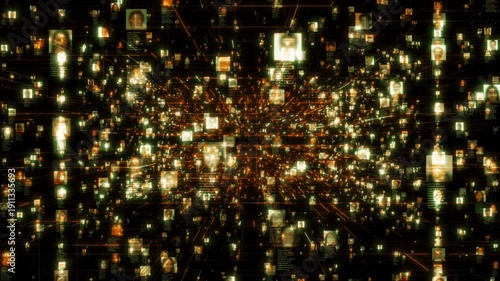 artificial intelligence concept of a social network with a stream of people portraits connected by bright yellow network grid in black internet cyberspace background. 3d rendering 4K footage.