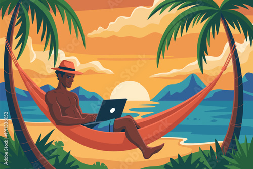 Digital Nomad Lifestyle – Remote Work from Tropical Beach Hammock Vector.