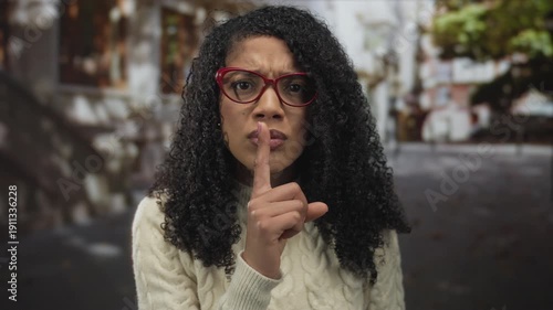 Woman with curly hair, red glasses and cream sweater displays finger to lips gesture on street; silence hush.