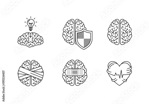 Conceptual Brain Icons Representing Ideas Security Healing And Health With Lightbulb Shield Bandage And Heartbeat Symbol