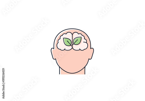 Human Head Silhouette With Brain And Growing Green Leaves Inside Representing New Ideas And Growth Concept