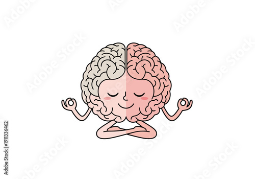 Cartoon Brain Character Meditating With Eyes Closed In Lotus Pose Achieving Inner Peace And Mindfulness For Mental Wellness Concepts