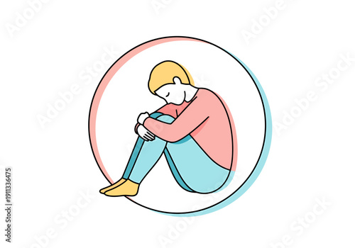 Abstract line art depicts a person curled up alone in a contemplative vulnerable pose inside a circular frame for mental wellness or isolation themes