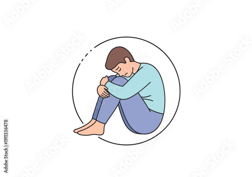 Person inside a circle curled up representing isolation or introspection indoors on a clean background concept for withdrawal or sadness abstract