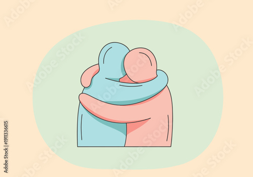 Two abstract figures embracing warmly on a soft pastel background representing connection support and friendship in a simple line art design