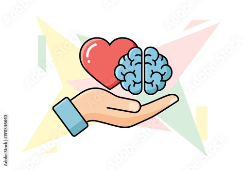 Balanced Concept of Emotion and Logic Represented by Heart and Brain on Open Palm Backdrop