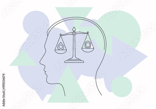 Conceptual outline of human head silhouette with weighing scales inside symbolizing balance and decision making against abstract geometric shapes