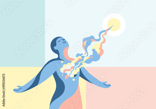 Abstract Human Figure Releasing Energy and Light Towards Sun With Open Arms Concept Of Freedom And Creativity