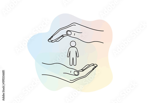 Abstract Concept of Human Protection and Care Represented by Hands Shielding a Figure Against Blurred Color Background