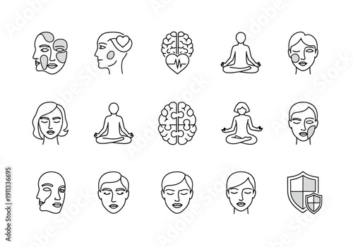 Set of Health And Wellness Icons Representing Mental Health Brain Meditation Human Face And Protection Concepts For Digital And Print Design