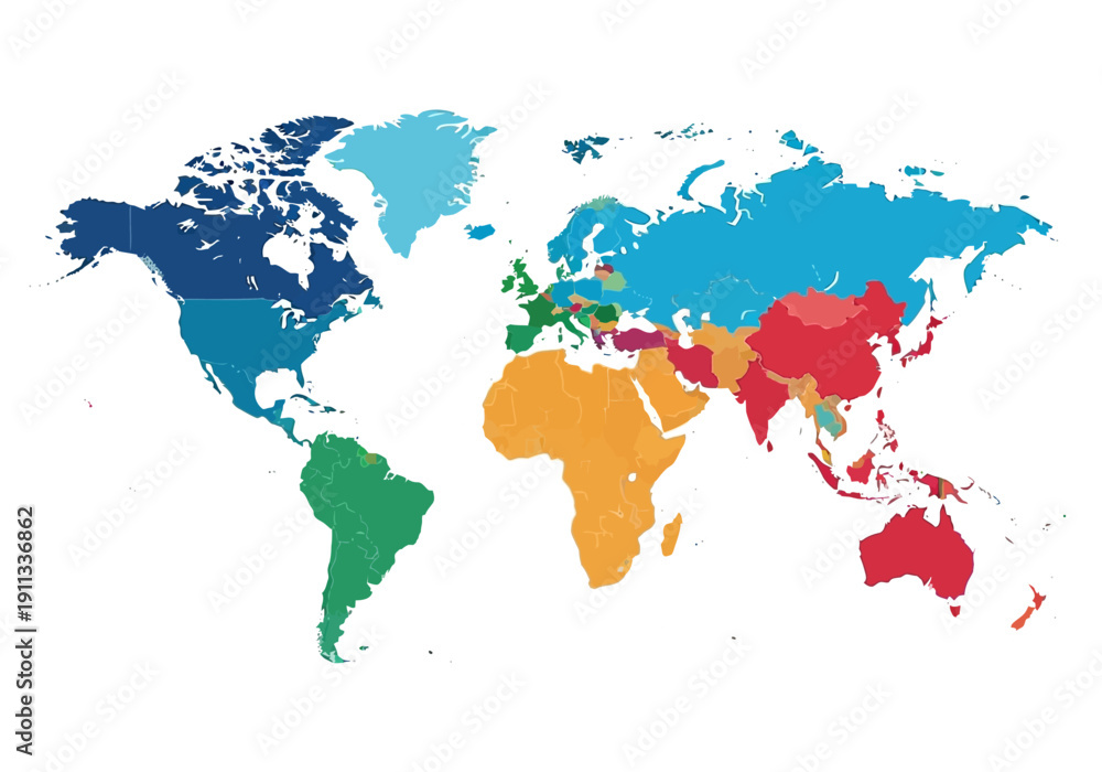 Obraz premium A colorful map of the world displaying different regions in various vibrant colors on a white background from a top-down viewpoint