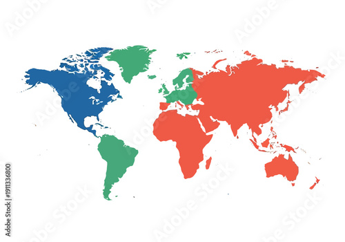 A colored world map illustration on a white background from a direct viewpoint