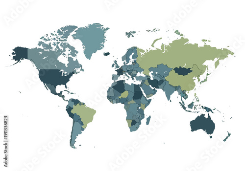 A colorful world map illustration on a clean white background from a directly overhead viewpoint