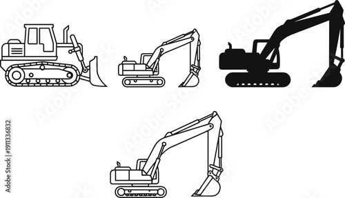 Excavator and bulldozer construction machinery icon set vector outline and silhouette illustration collection