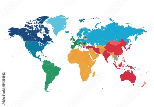 A colorful map of the world displaying different regions in various vibrant colors on a white background from a top-down viewpoint