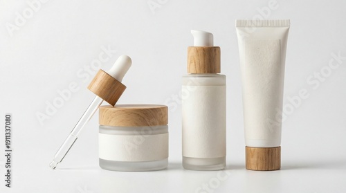 Collection of cosmetic bottles set against a white background