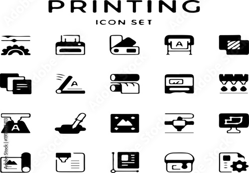 Vector icon set depicting various black printing processes, including paper, ink, printer, and design elements, isolated on a white background.