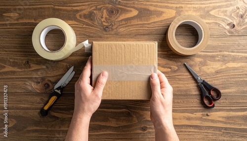 Hands taping a cardboard box closed with packing tape, ready for shipping