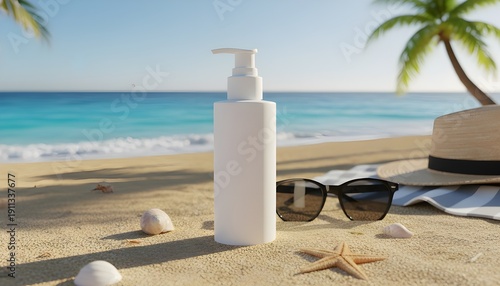 Skin care cream or sunscreen displayed on the sandy beach with a stunning ocean view, a must-have for travel and vacation gear.
