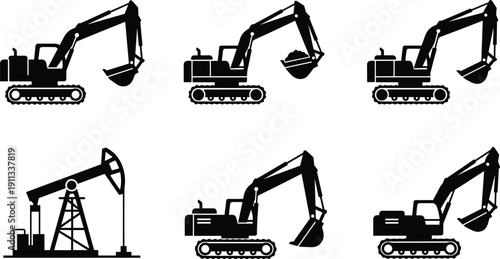Excavator bucket variations and oil pump jack vector icon set heavy construction machinery silhouette collection
