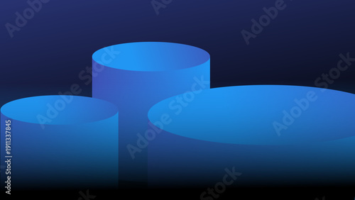 Abstract blue cylinders on a dark gradient background, symbolizing stages, levels, or presentation platforms for abstract concepts and creative designs