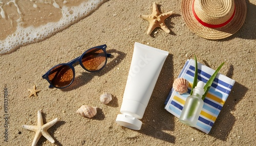 Sunscreen lotion adorned with summer-themed decor on a sandy backdrop, viewed from above

