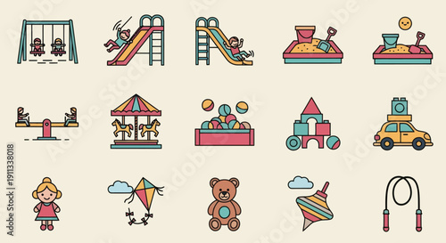 Colorful Illustrated Playground Equipment and Toys Collection.