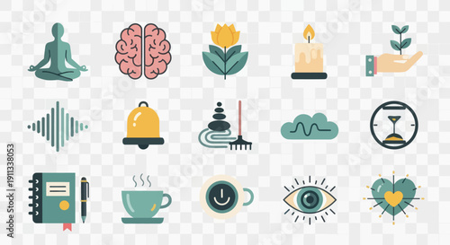 Collection of Icons Representing Mindfulness Wellness and Self-Care.