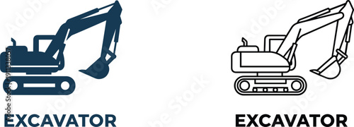 Excavator machine icon with text label vector illustration construction equipment silhouette design