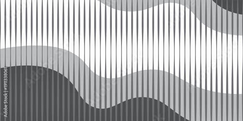 Minimalist abstract background featuring thin vertical black lines forming smooth wave shapes on a white surface. The clean linear pattern creates a sense of rhythm,