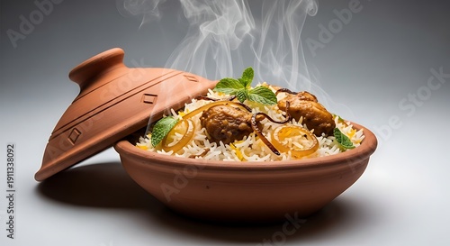 Traditional Aromatic Steaming Chicken Biryani Handi with Separated Basmati Grains.