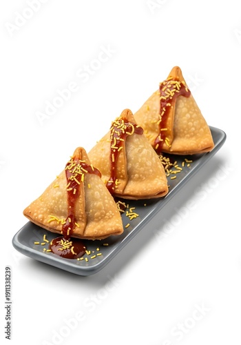 Hyper-realistic Golden Flaky Samosas with Chutney and Sev on Slate Dish.